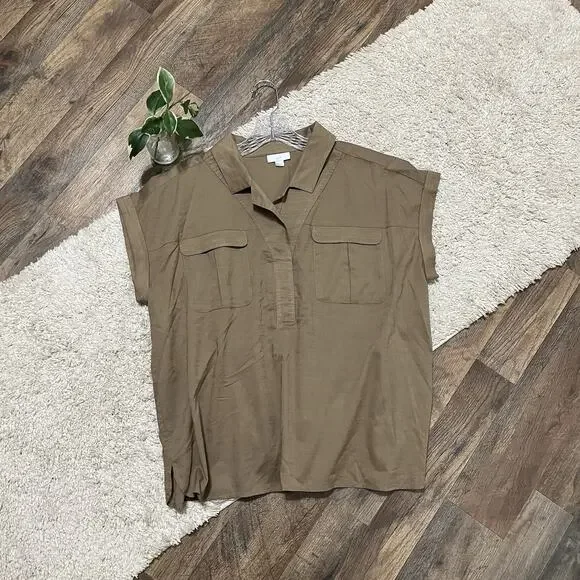 J.Jill Large Petite Brown Cap Sleeve 100% Cotton Pullover Utility Camp Shirt - Picture 1 of 6